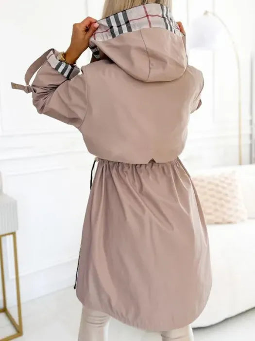 Women's hooded zip raincoat in taupe – back view