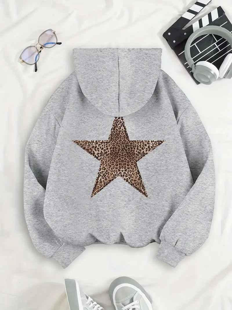 Women's leopard star hoodie in grey laid flat – back view