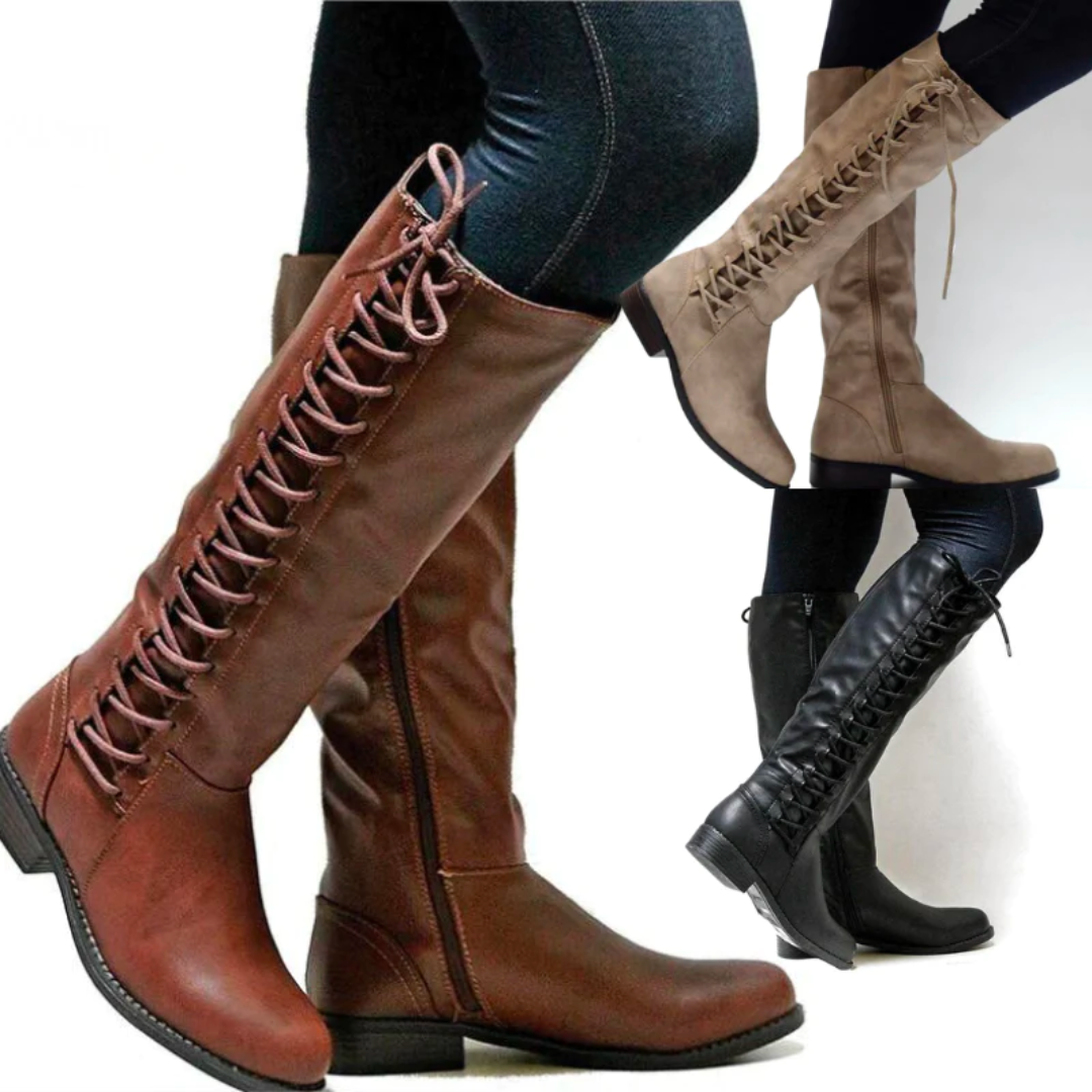 Women's knee-high lace-up boots in brown and black