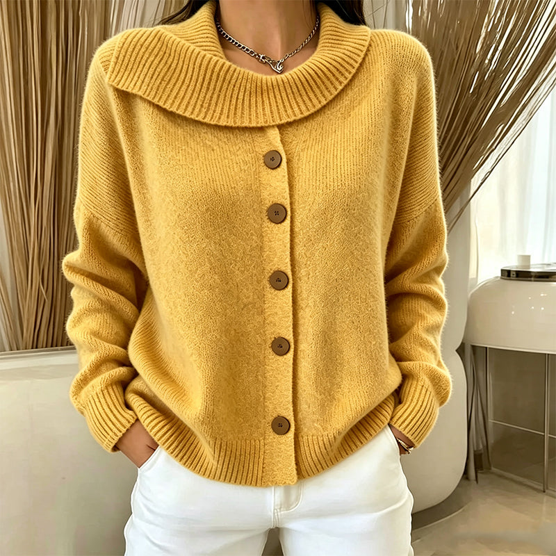 Women's Knit Cardigan with Fold-Over Collar and Buttons in 4 Colors
