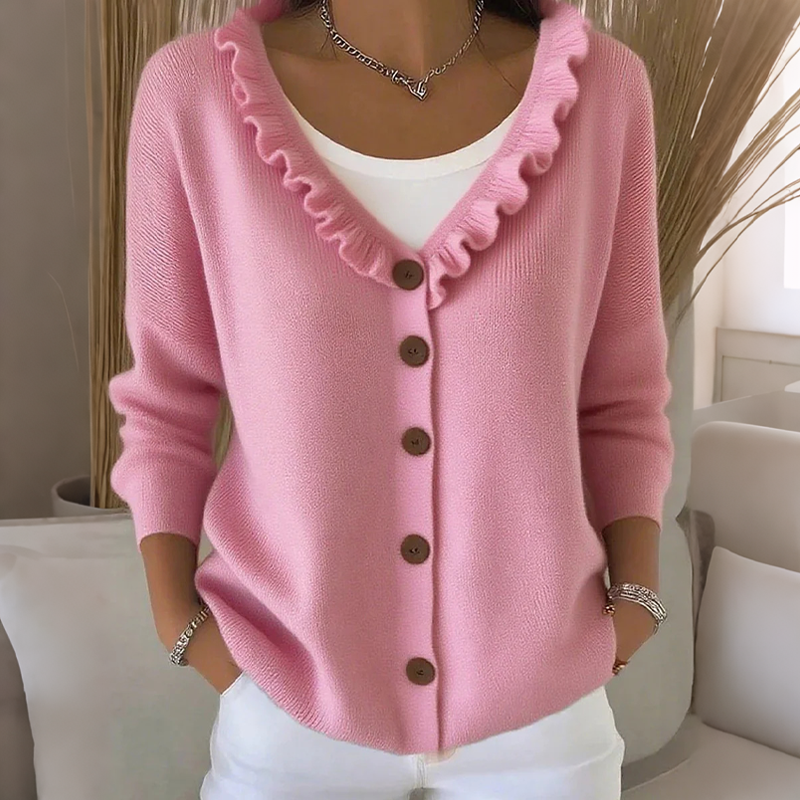 Women's Ruffle Collar Knit Cardigan in pink