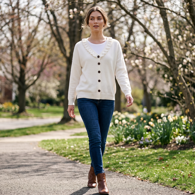 Women's ruffle collar knit cardigan in white – walking in a park