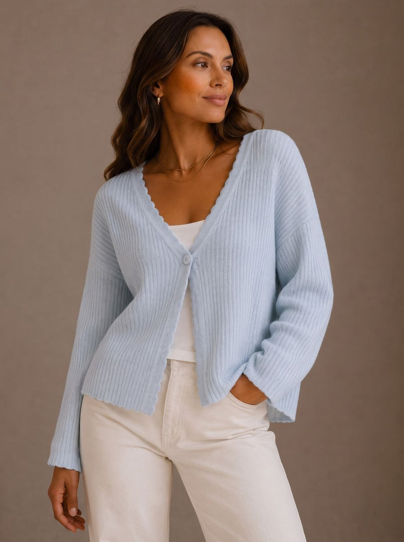 Women's Scalloped Edge V-Neck Cardigan in light blue