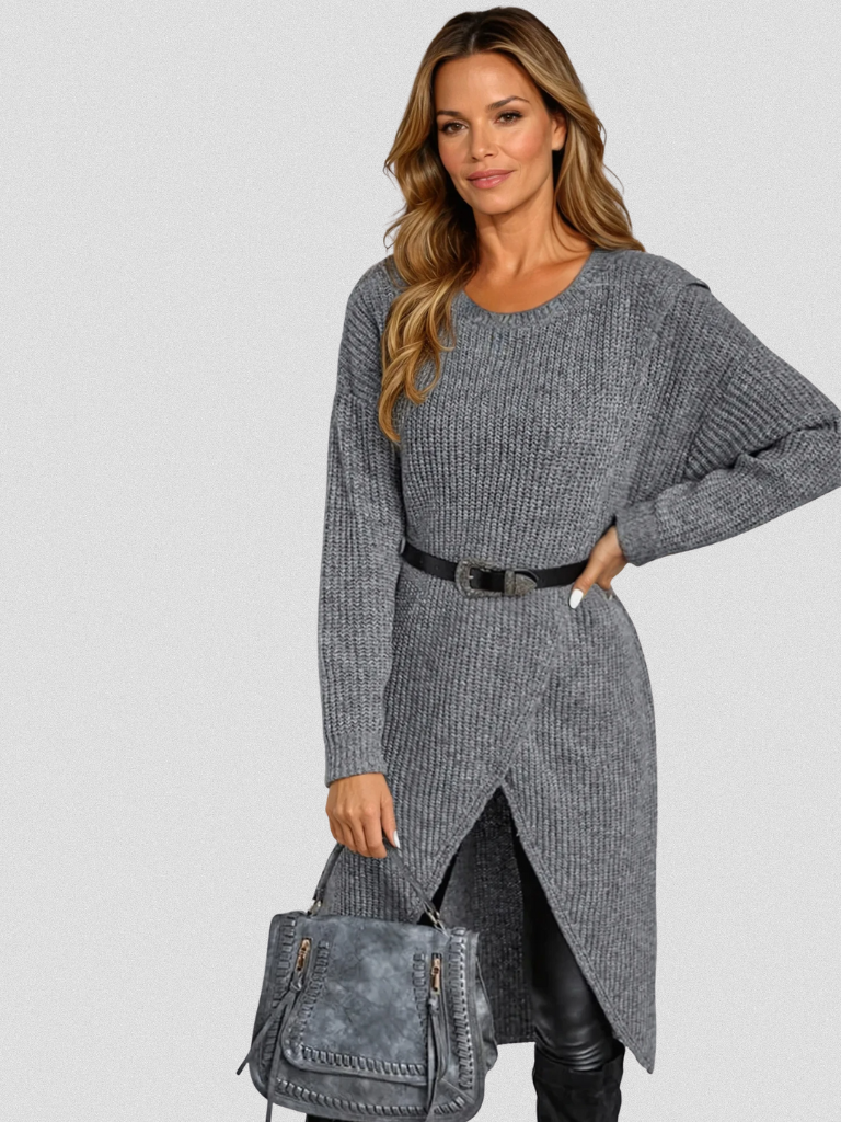 Women's wrap front knit dress in grey – with belt
