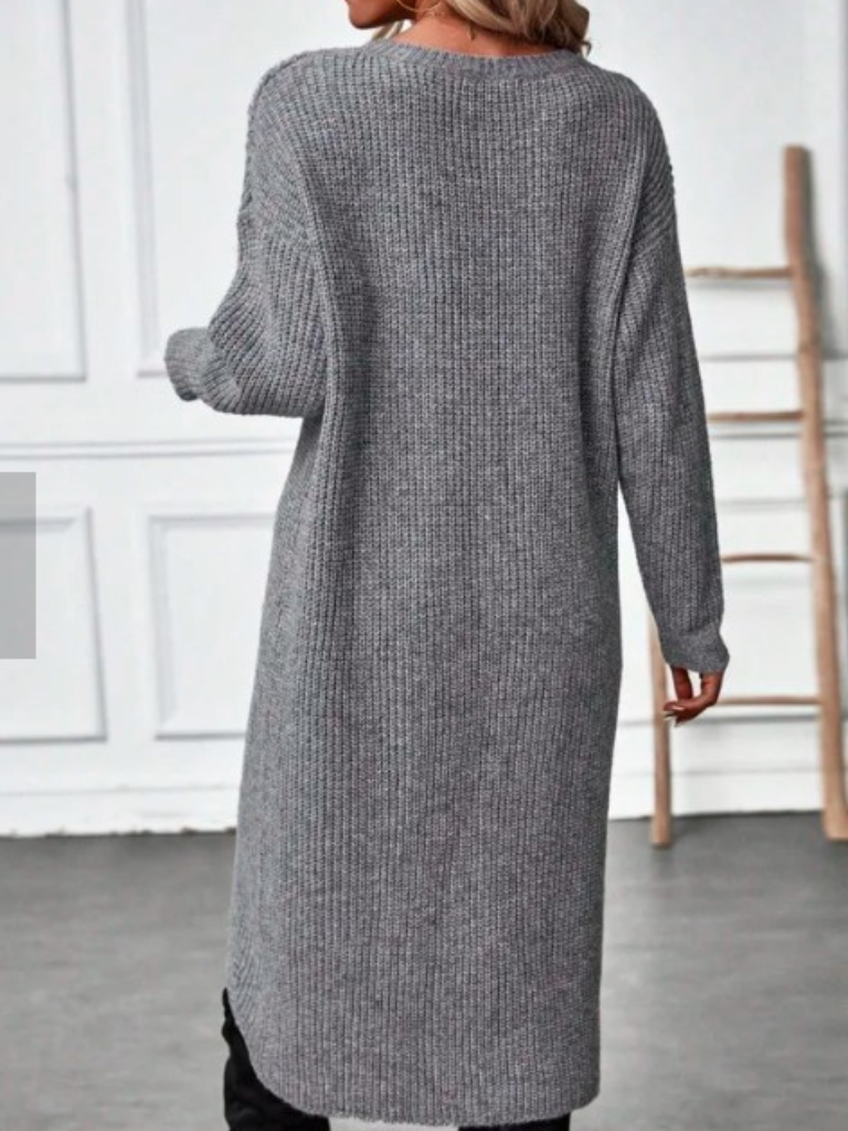 Women's wrap front knit dress in grey – side view