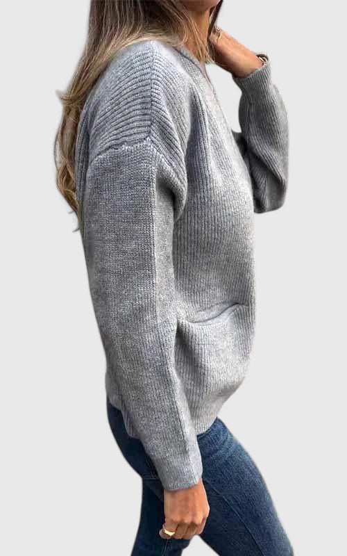 Women's round neck knit jacket in grey – side view