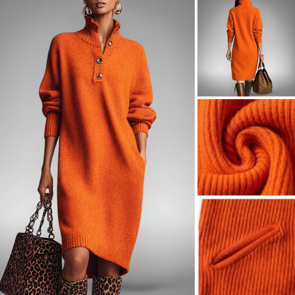 Women's button collar jumper dress in orange – fabric close-up