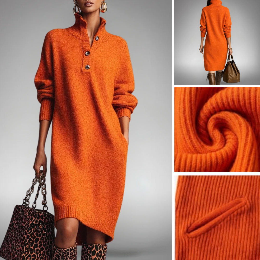 Women's button collar jumper dress in orange – fabric close-up