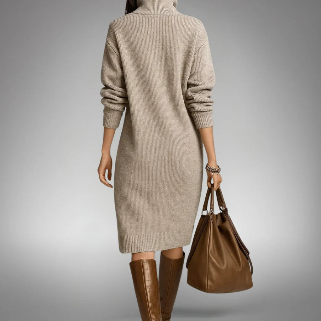 Women's button collar jumper dress in beige – back view