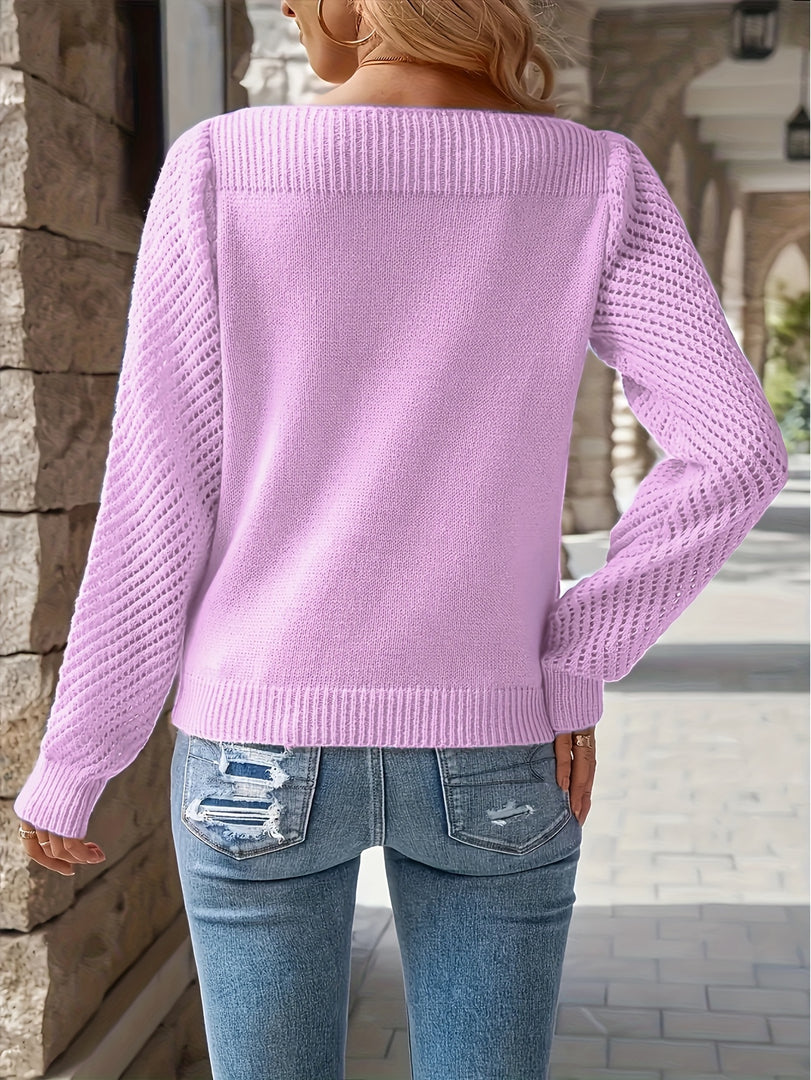 Women's openwork sleeve sweater in lilac – back view
