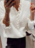 Women's white ruffle V-neck sweater – worn
