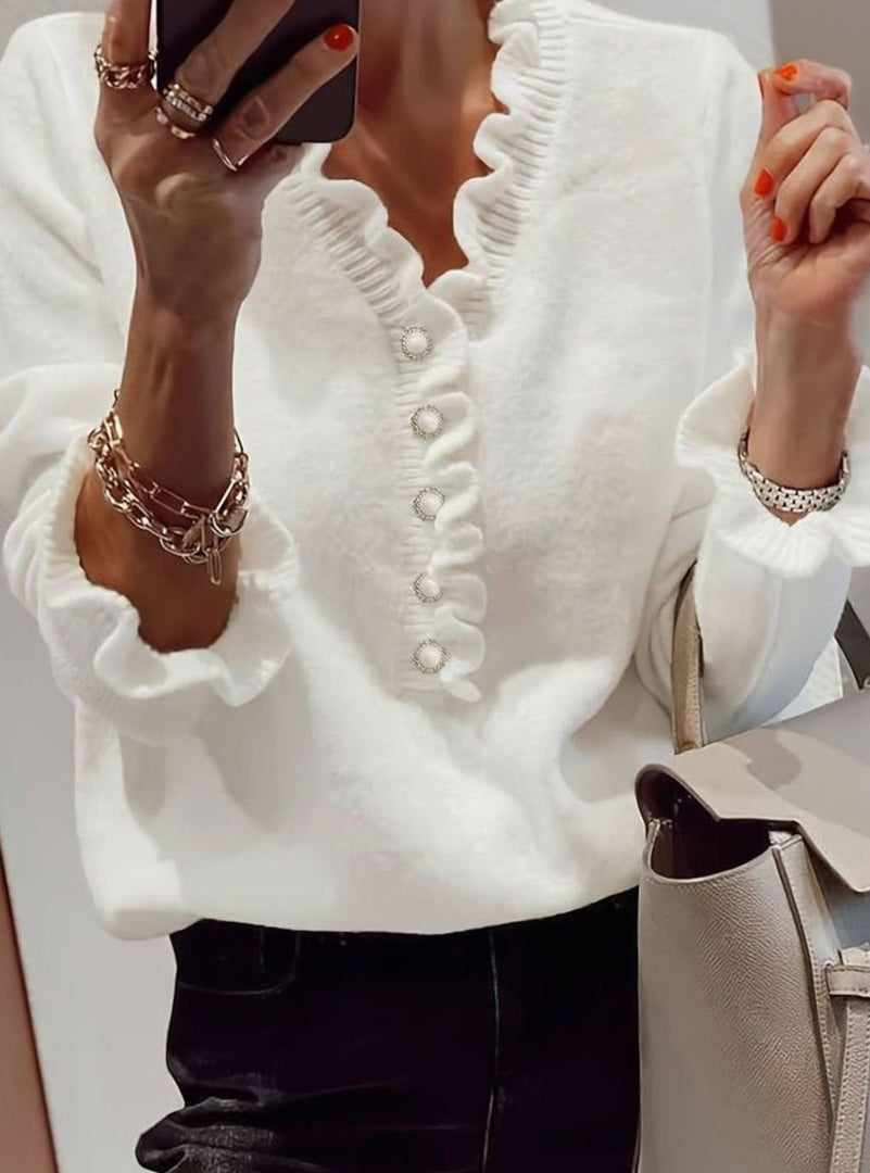 Women's white ruffle V-neck sweater – worn