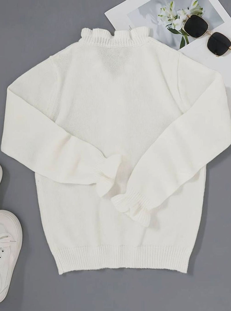 Women's white ruffle V-neck sweater – flat view