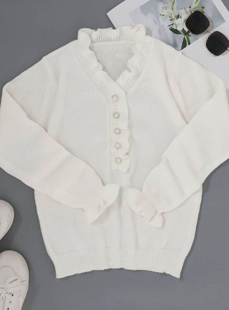 Women's white ruffle V-neck sweater – front view