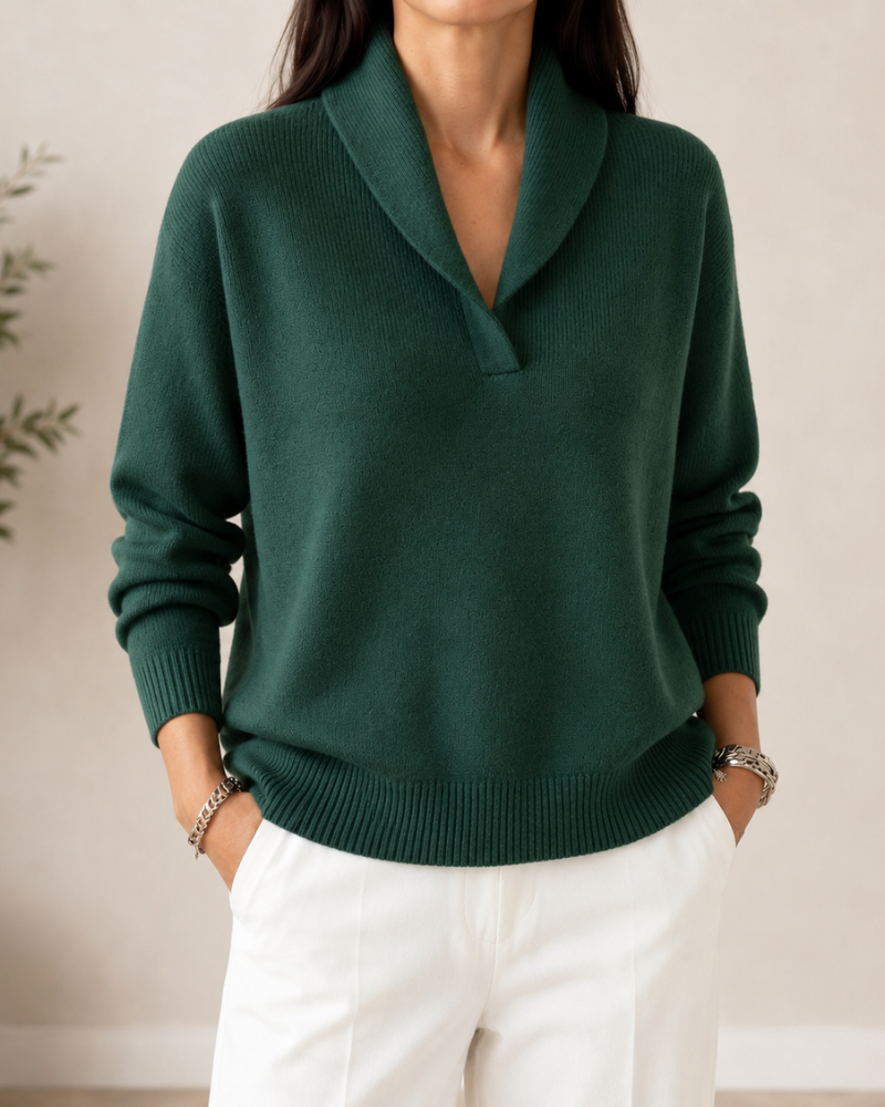 Women's shawl collar V-neck sweater in green – front view