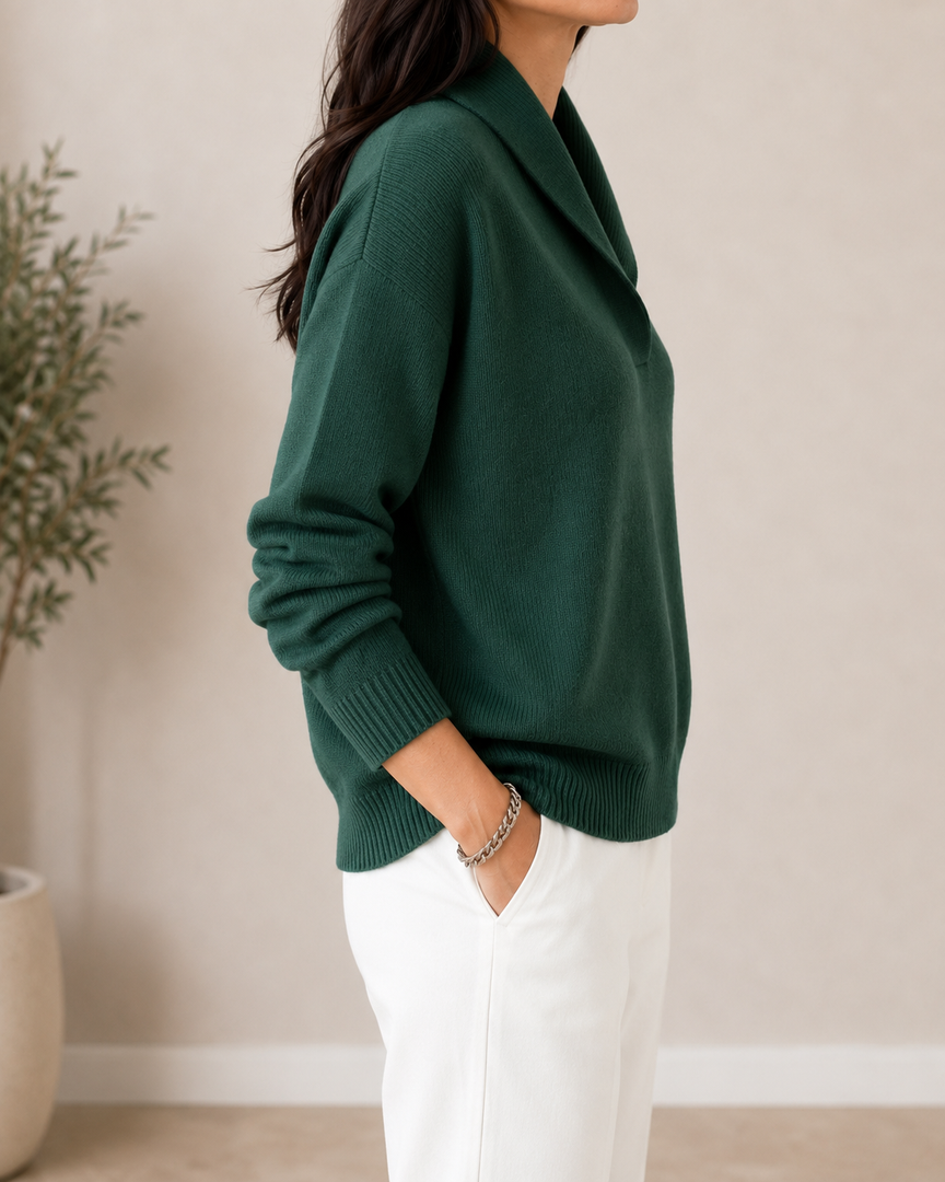 Women's shawl collar V-neck sweater in green – side view