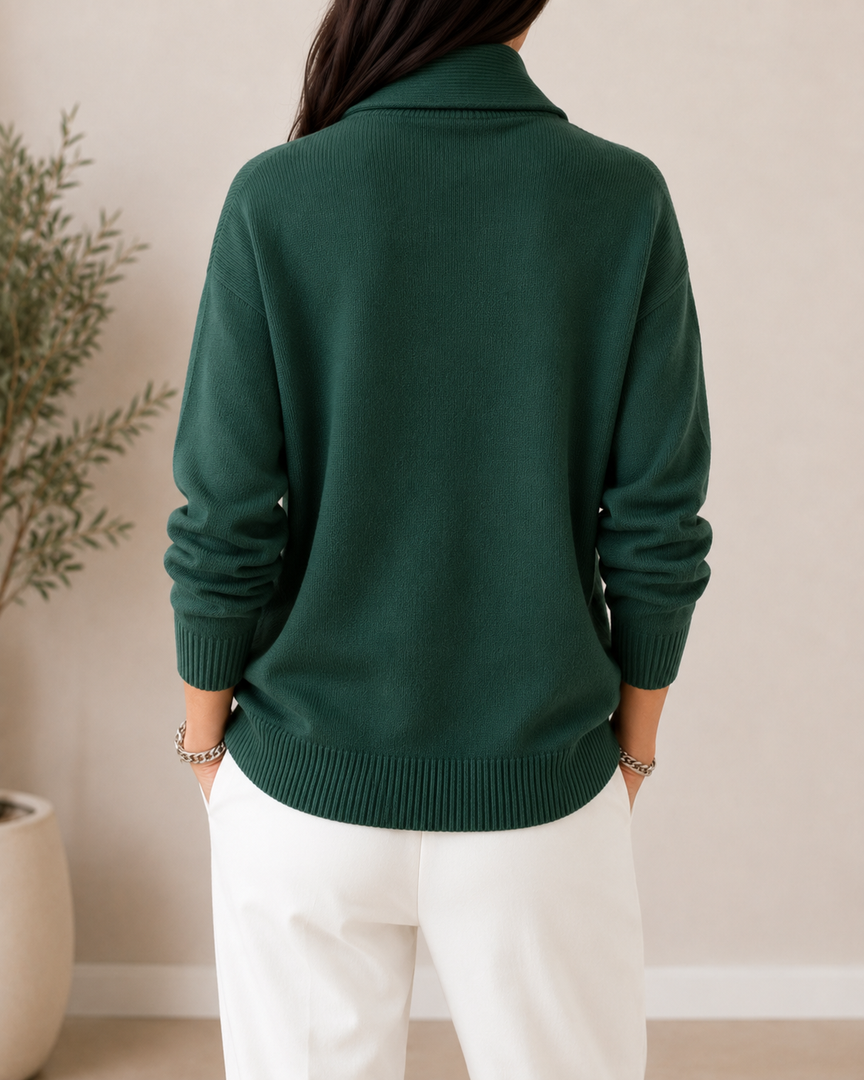 Women's shawl collar V-neck sweater in green – relaxed