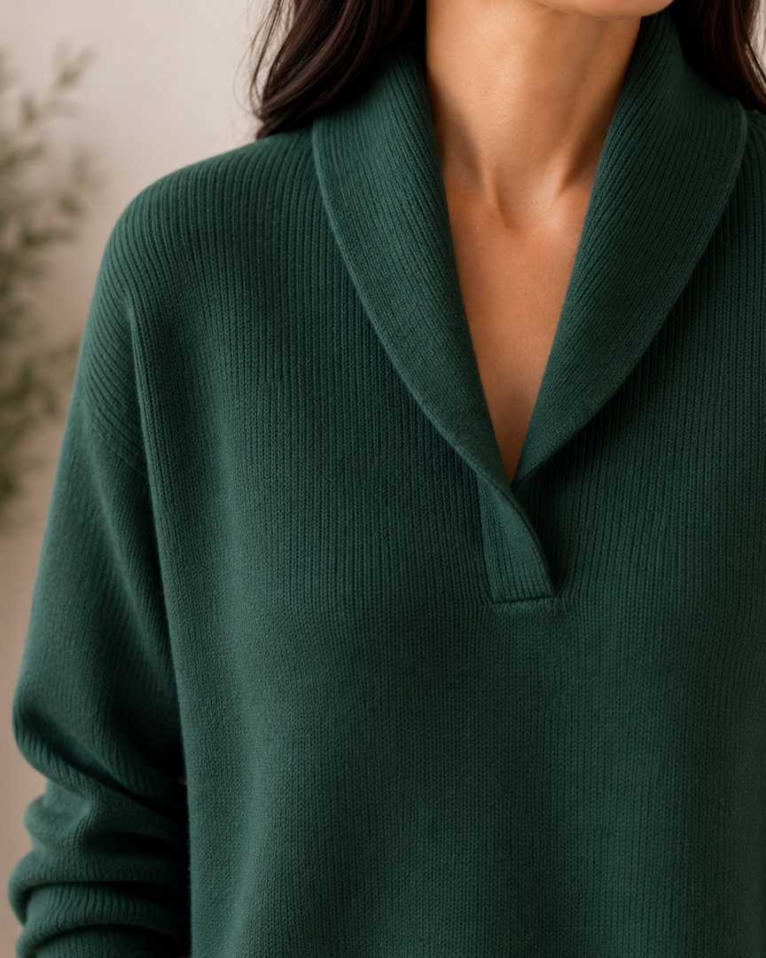 Close-up of the green shawl collar