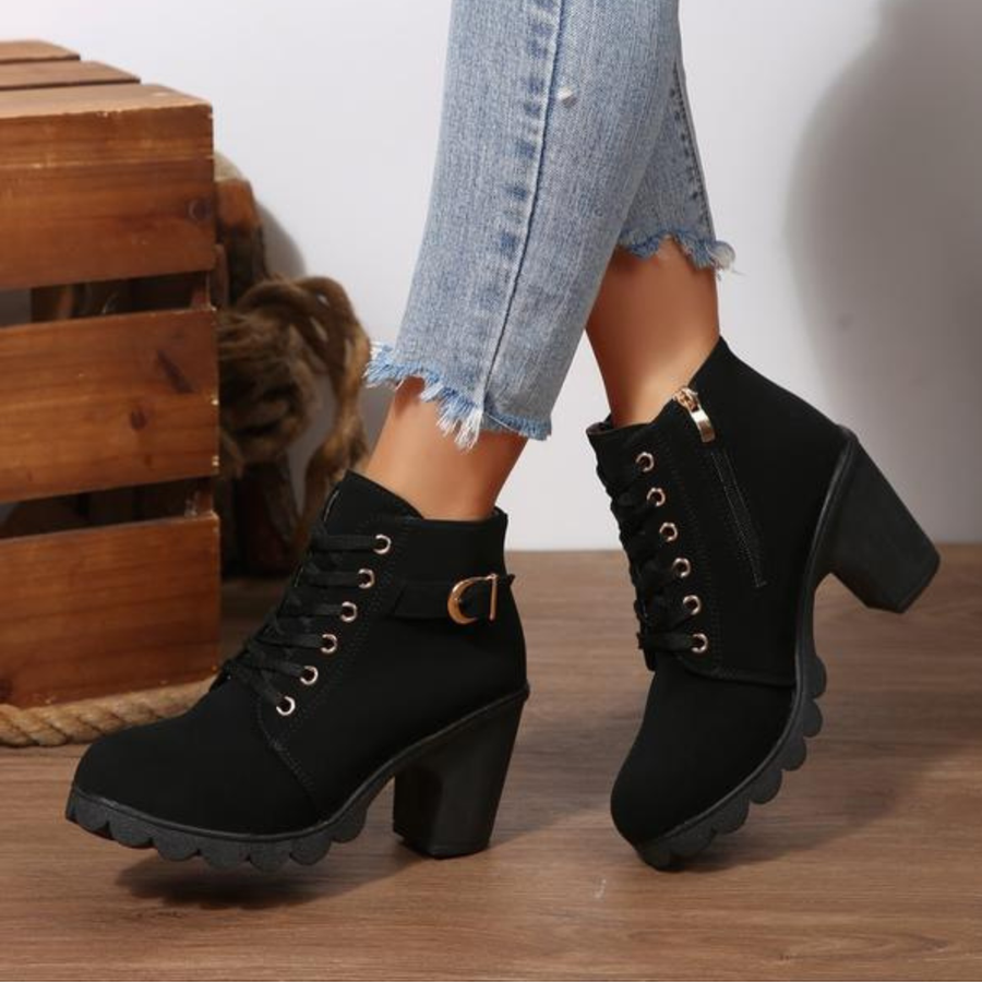 Women's Lace-Up Ankle Boots with Block Heel and Buckle in 4 Colors for Autumn Days