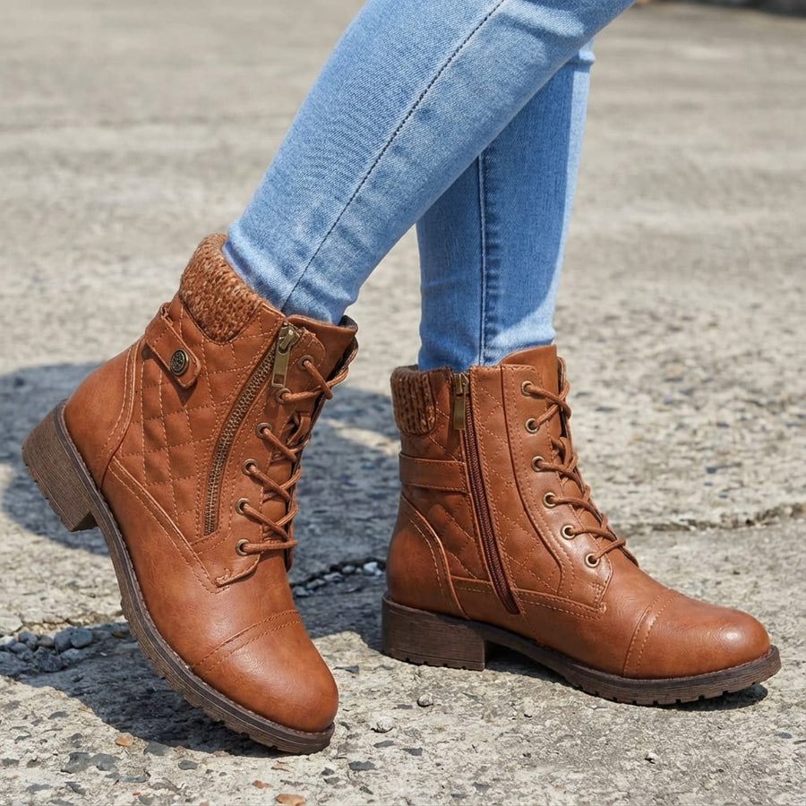 Women's Lace-Up Ankle Boots with Knit Cuff and Side Zip in 4 Colors