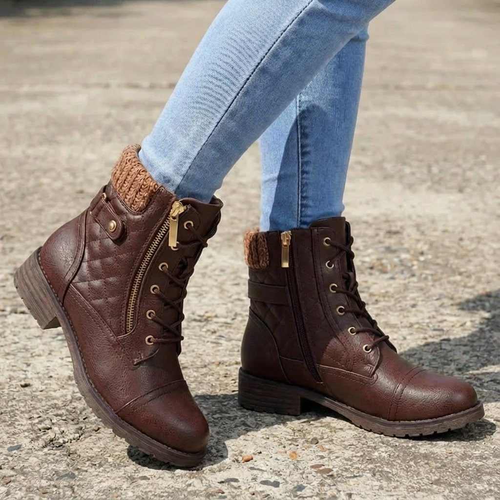 Women's knit cuff lace-up ankle boots in dark brown – close-up