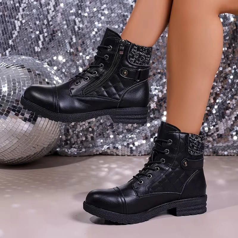 Women's knit cuff lace-up ankle boots in black – worn