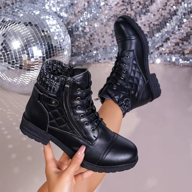Women's knit cuff lace-up ankle boots in black – held