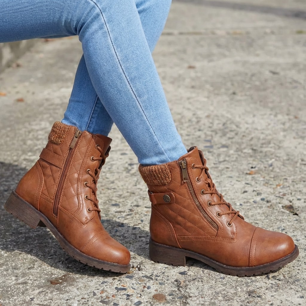 Women's knit cuff lace-up ankle boots in brown – walking