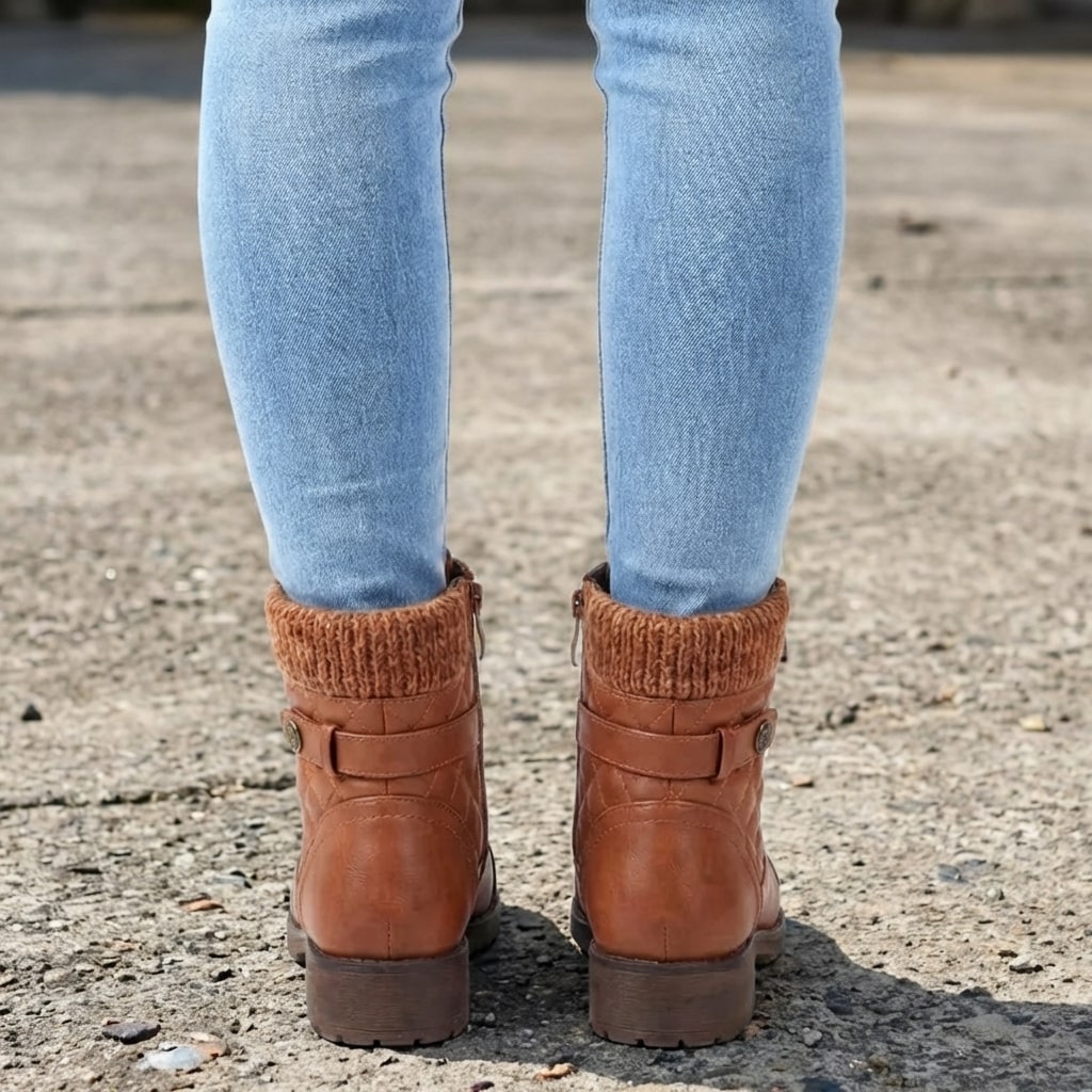 Women's knit cuff lace-up ankle boots in brown – side view