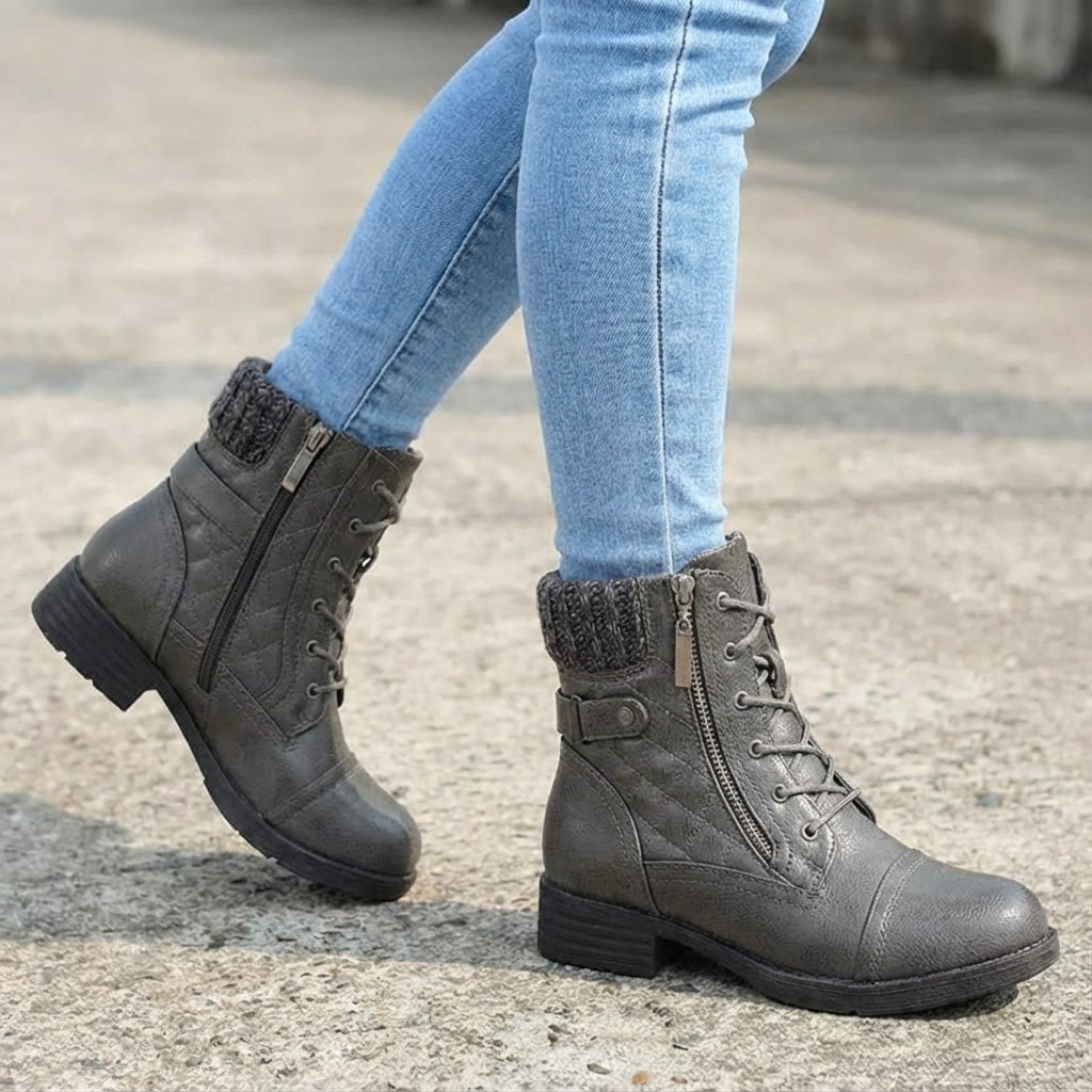 Women's knit cuff lace-up ankle boots in grey – walking