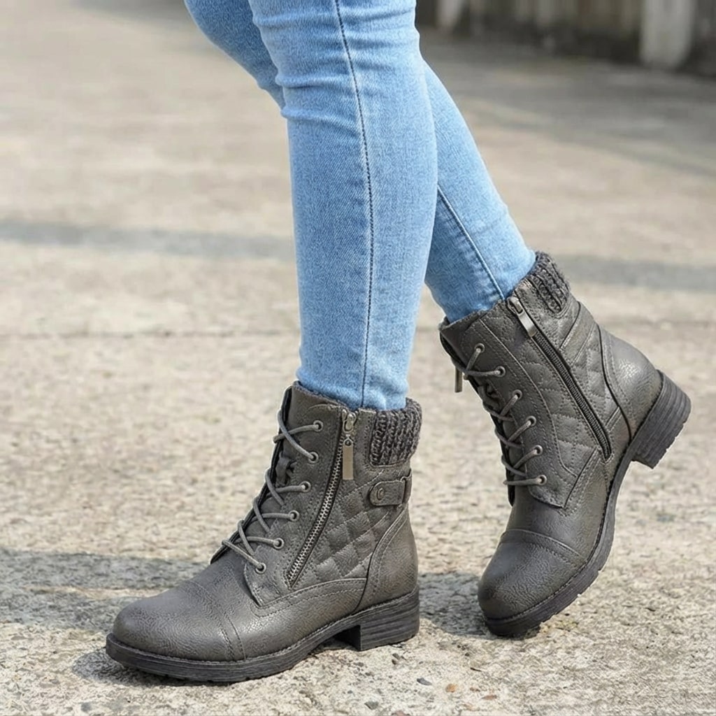 Women's knit cuff lace-up ankle boots in grey – side view