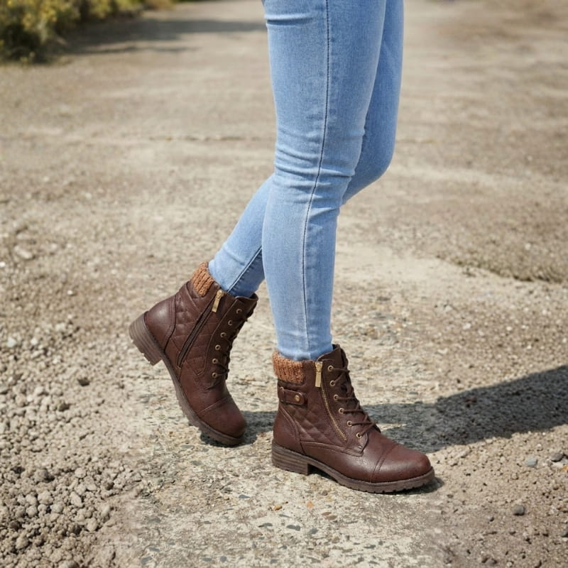 Women's knit cuff lace-up ankle boots in dark brown – walking