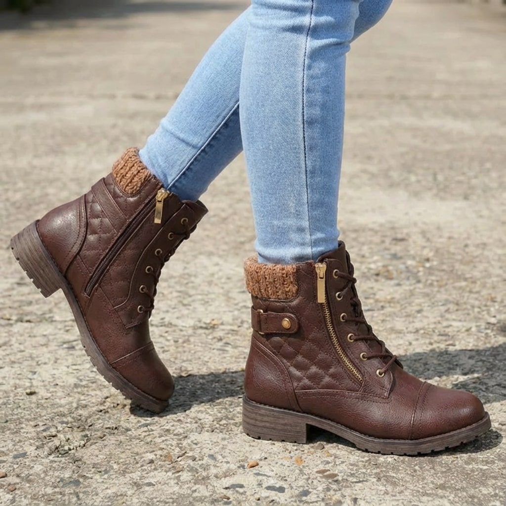 Women's knit cuff lace-up ankle boots in dark brown – side view
