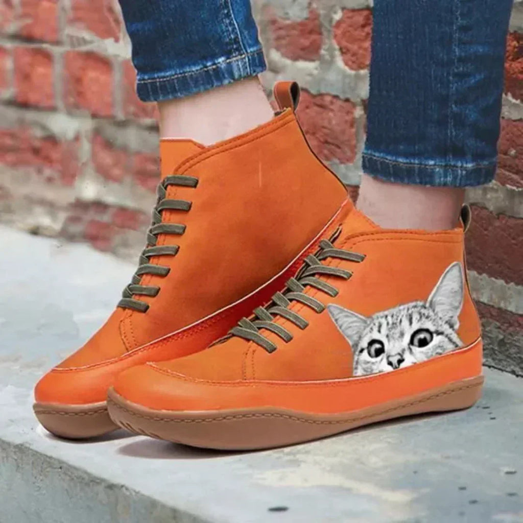 Women's cat print high-top shoes in orange – worn