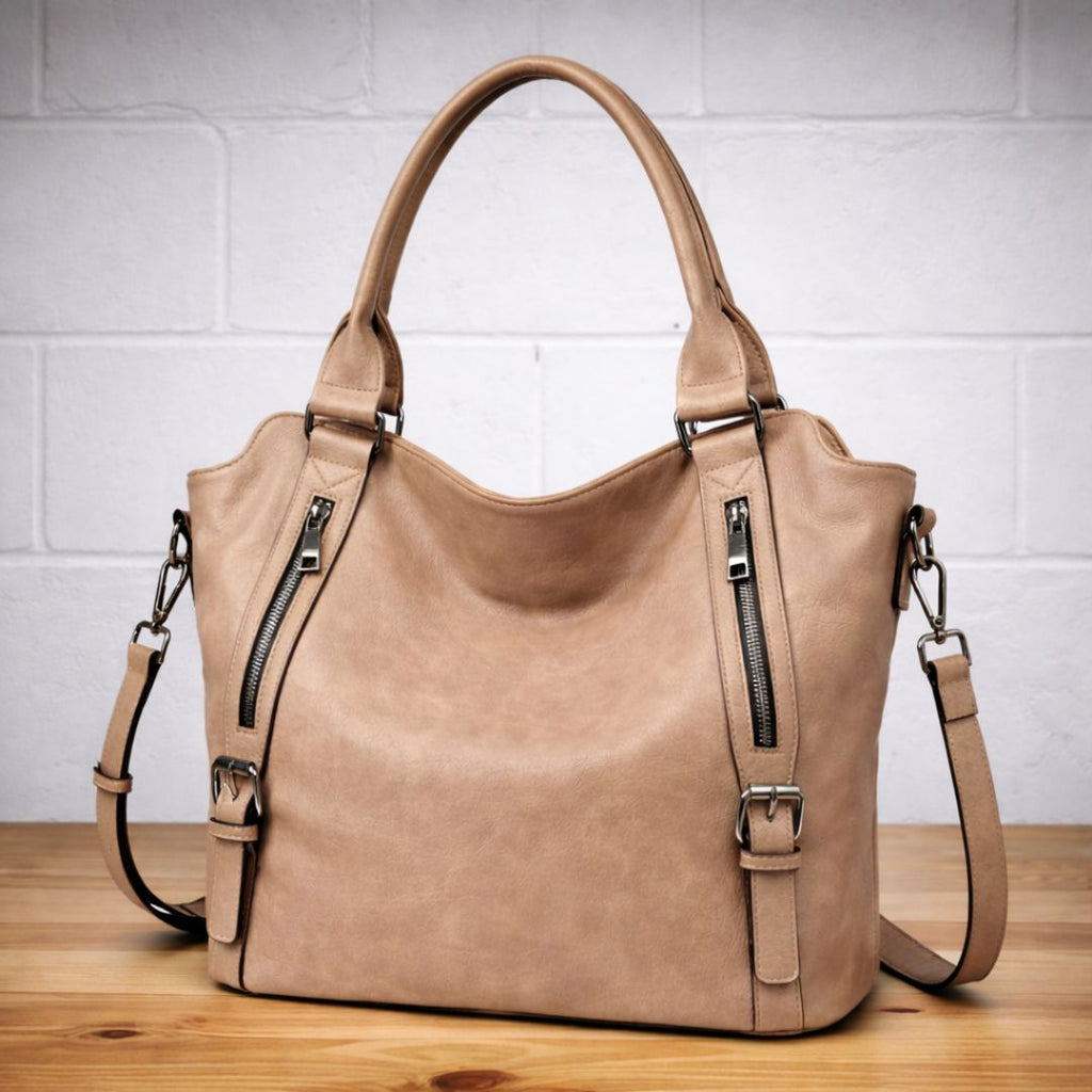 Women's large handbag with decorative zips in taupe