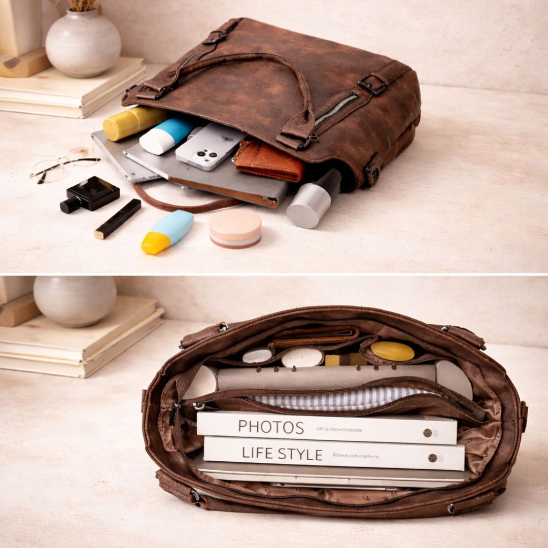 Women's large handbag with decorative zips, inside view