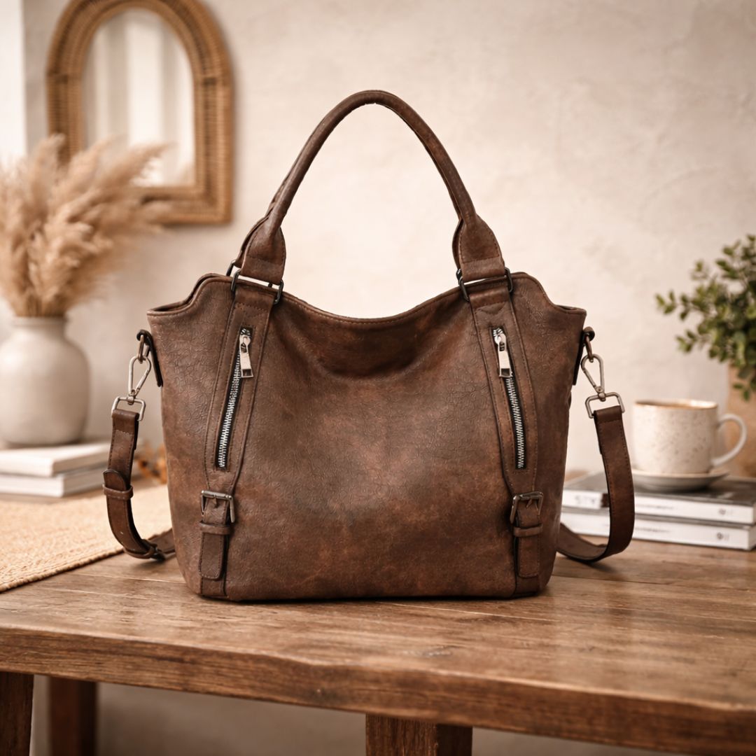 Women's large handbag with decorative zips in dark brown, on a table