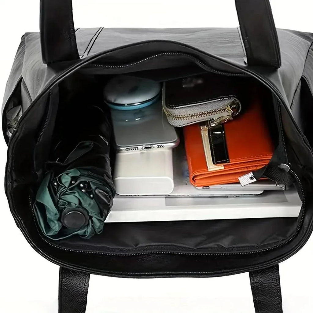 Women's large leather look tote bag in black, inside view