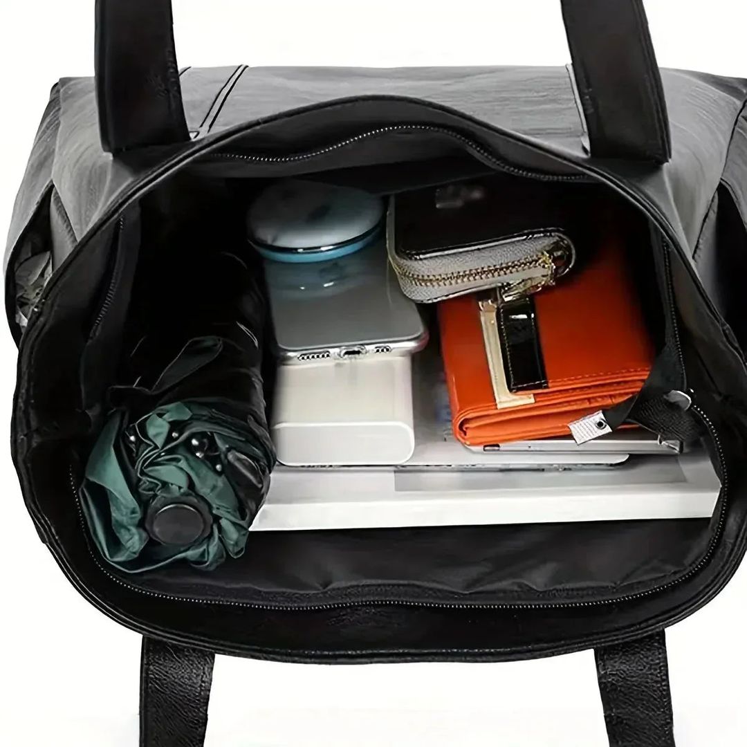 Women's large leather look tote bag in black, inside view