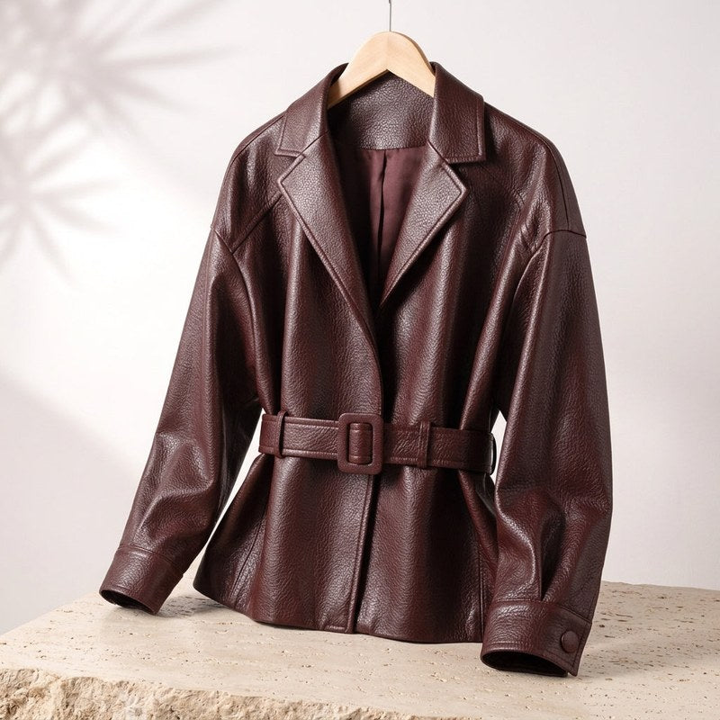Women's leather look belted jacket in brown – front view on hanger