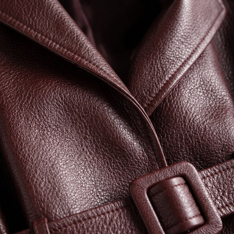 Women's leather look belted jacket in brown – close-up of lapel and belt