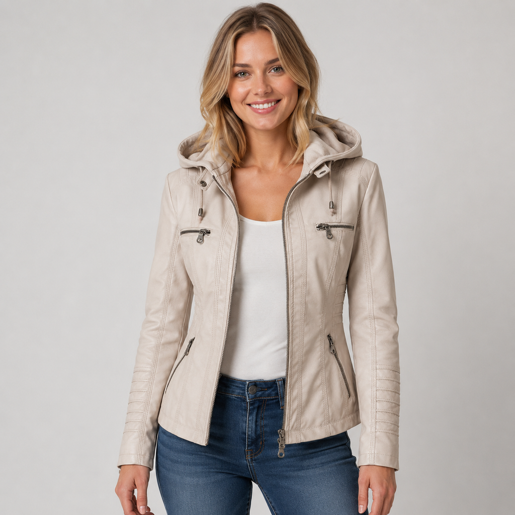 Women's Hooded Leather-Look Jacket in beige