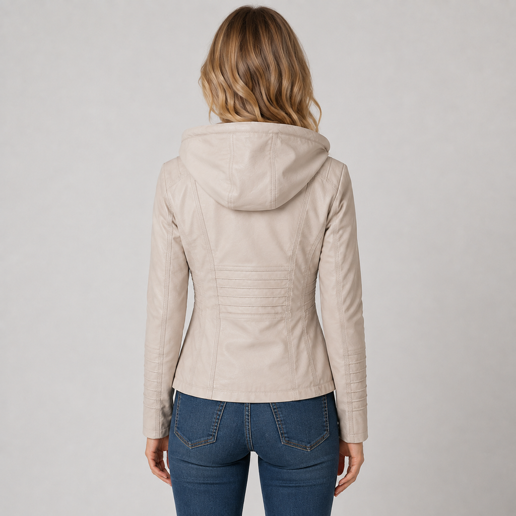 Women's hooded leather-look jacket in beige – back view