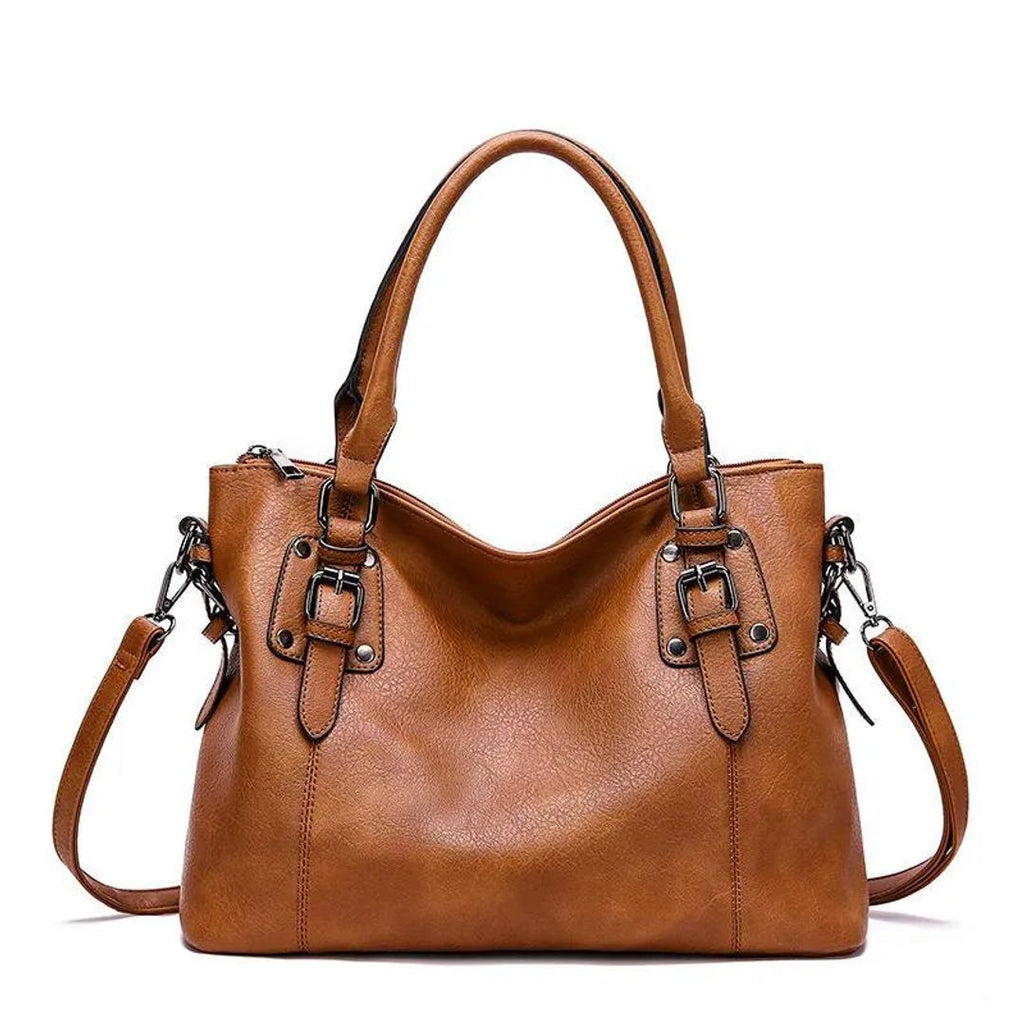 Women's leather look satchel bag in brown, front view