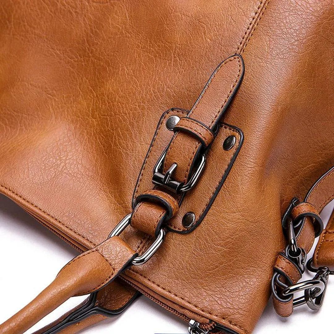 Women's leather look satchel bag in brown, buckle detail