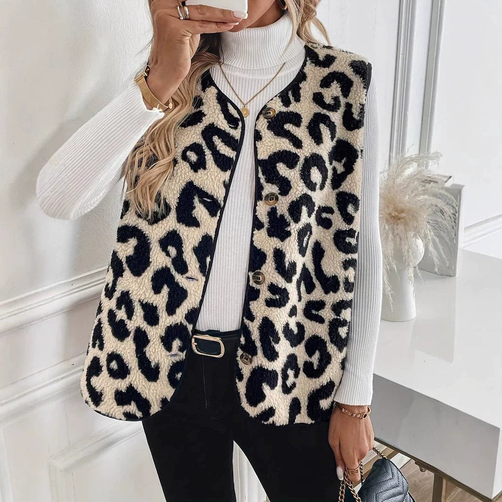 Women's leopard print knit waistcoat – worn open