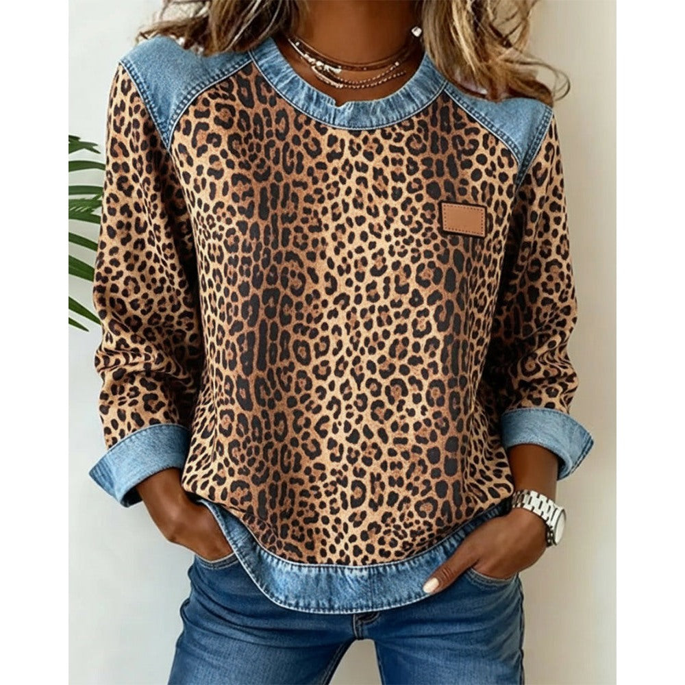 Women's Leopard Print Sweatshirt with Denim Patchwork in brown