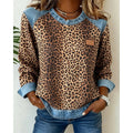 Women's Leopard Print Sweatshirt with Denim Patchwork in brown