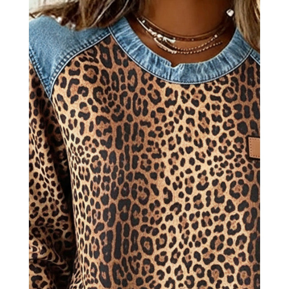 Women's Leopard Print Sweatshirt with Denim Patchwork in brown, neckline close-up