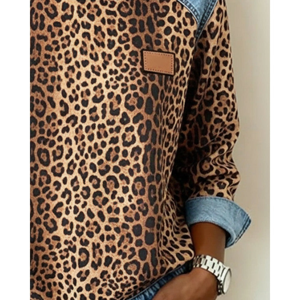 Women's Leopard Print Sweatshirt with Denim Patchwork in brown, print and cuff close-up